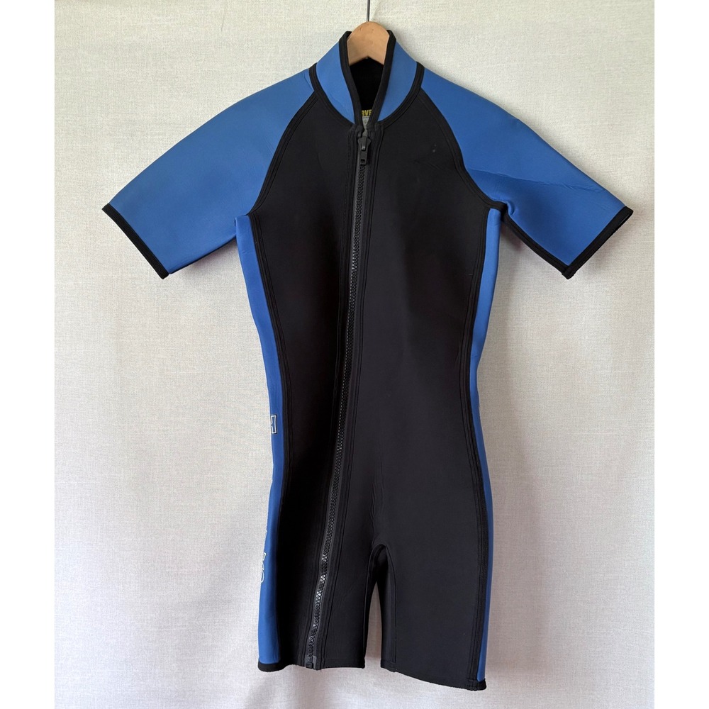 Harveys Vintage Mens Medium Shorty Wetsuit Blue Black Neoprene Front Zip USA